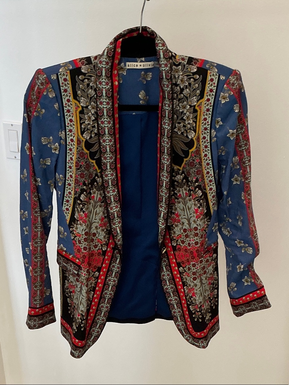 Alice + Olivia Blue Floral Print Open Blazer with Red & Black Trim